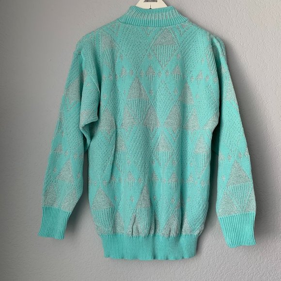 VINTAGE Mint Blue Christmas Ski Sweater Silver Winter Holiday Sweater Sparkly - Picture 3 of 12
